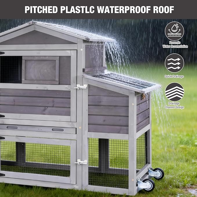 80.5’’ Large Chicken Coop with Run, Mobile Chicken House with Nesting Box and Leakproof Pull-on Tray, Wooden Hen Poultry Cage with Waterproof Roof for 2 to 4 Chickens, Chicken Tractor with Wheels