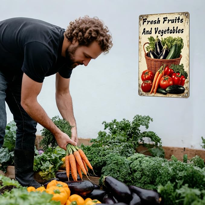 Vegetable Wall Decor Fresh Fruits And Vegetables Metal Tin Sign 12x16 Inch Funny Farmer's Market Tin Poster Retro Home Kitchen Garden Yard Restaurant Wall Decor