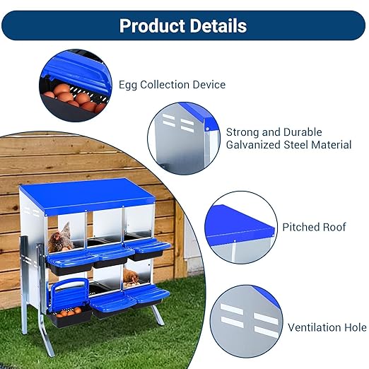 Chicken Nesting Boxes, 6 Hole Metal Chicken Laying Box with with Removable Trays and Roll Out Egg Collection for Chicken Coop, with Metal Bracket, Blue