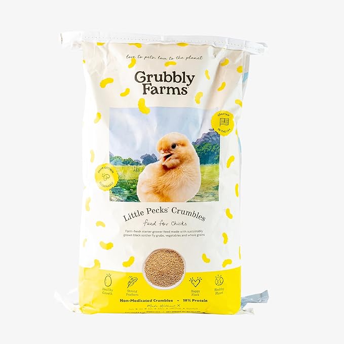Grubbly Farms Little Pecks Starter Grower Feed – 19% Protein Chick Feed for Chicks, Ducklings, and Poults 0–20 Weeks – Made with Black Soldier Fly Grubs – No Soy, Corn, or Fish – 30 lb Bag