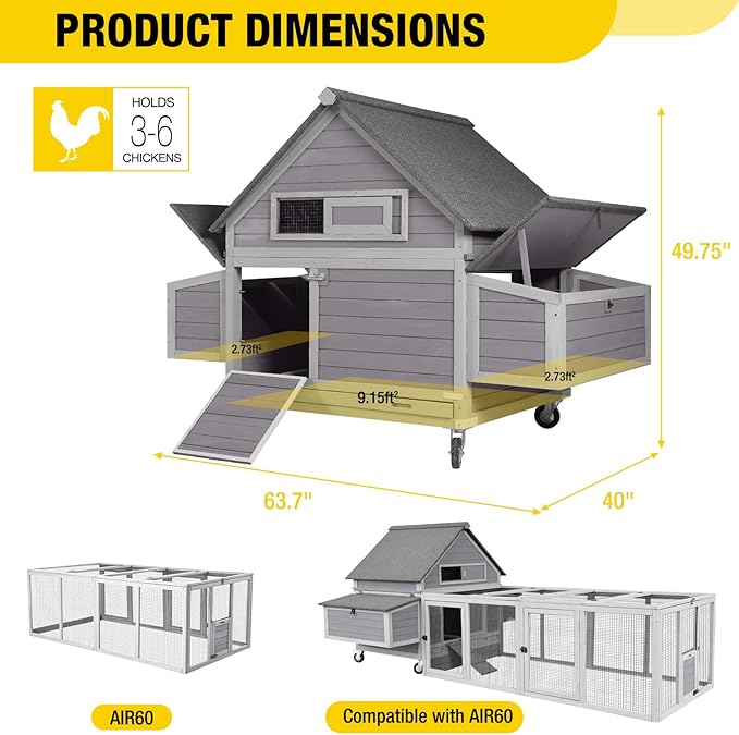 Aivituvin Chicken Coop with Wheels Outdoor Poultry Cage with Two Nesting Boxes 19ft² Wooden Hen House