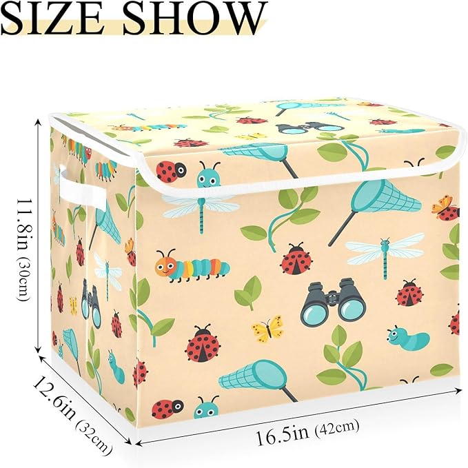 Dragonfly Caterpillar Butterfly Net Storage Bins with LidsBinoculars Leaves Bug Foldable Storage Basket with Handles Collapsible Large Fabric Organizer Containers for Clothes Shelves Closet Off