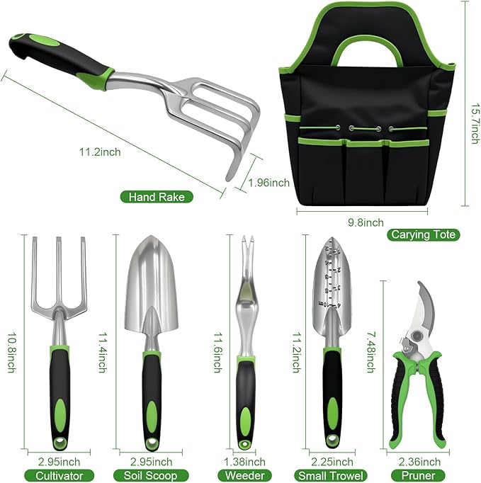 11-Piece Outdoor Gardening Tool Set, Suitable for Women, Seniors, and Left-Handed Users, Includes Tree pruners, Hand rakes, and a Watering can with Green Non-Slip Handles. (Gray)