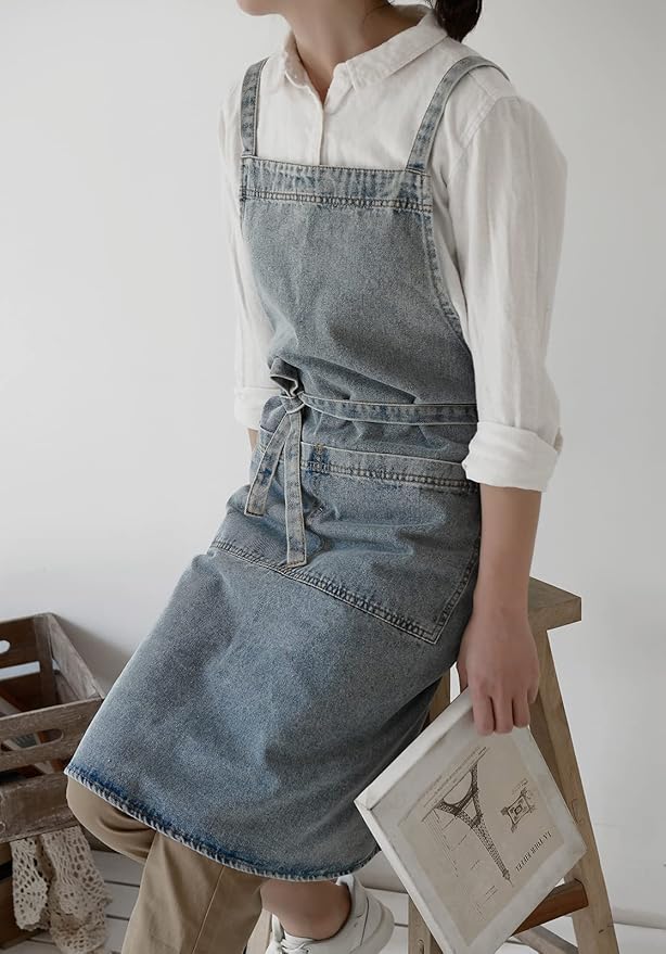 Cotton Denim Apron Soft - Unisex Adjustable Bib Apron with 5-Pockets Perfect for Kitchens