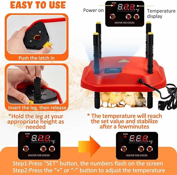 Chick Heating Plate 10x10 Inch, 13W Adjustable Brooder Heater Set with Chick Feeder & Waterer, Safe Low Watt Warming Plate with Adjustable Height for Chicks, Quail & Duck