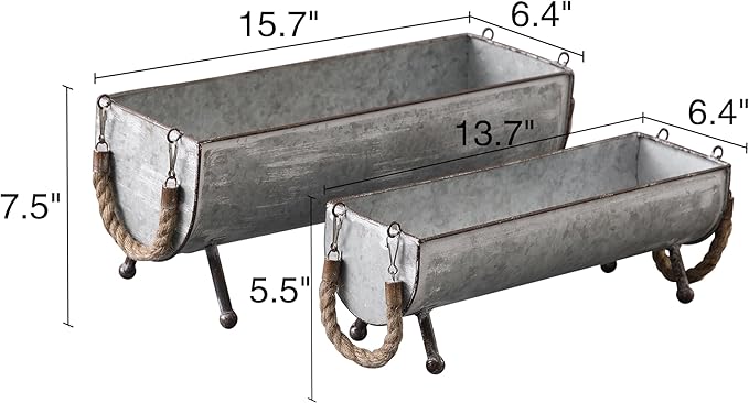 SOFE Poultry Feeder Galvanized Metal Chicken Feeder Set of 2, Farmhouse Chicken Picnic Table Feeder, Chicken Planter, Decorative Galvanized Tray Trough Shaped, 15 and 13 Inches Long