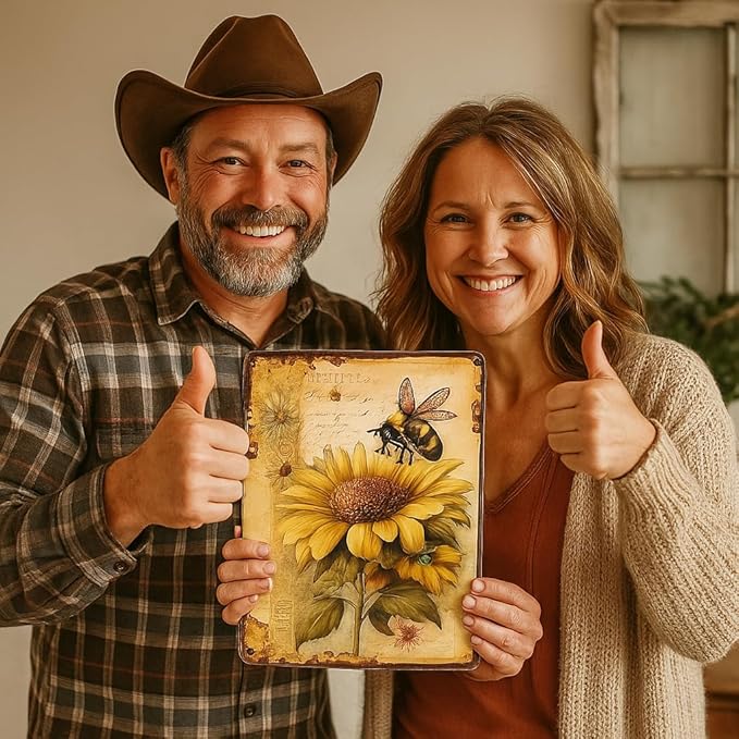 Bee Vintage Metal Tin Signs, Bee Sign 8x12 Inch, Wall Decor For Home Bedroom Living Room Dining Room Bars