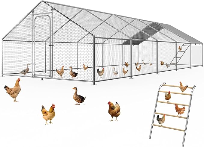 32.8x9.8 FT Large Metal Chicken Coop with Roosting Perch, Waterproof and UV-Resistant Cover for Yard Farm Rabbit Duck Chicken Run with Spire Roof