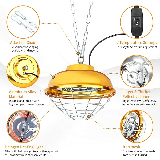 300W Chicken Coop Heater Lamp, Waterproof Heat Lamp for Chickens with 2-Stage, Brooder Heater for Chicks with Chain for Indoor & Outdoor Use Heating Lamps for Chick Duck Rabbit Dog