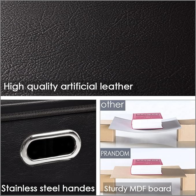 PRANDOM Leather Foldable Cube Storage Bins 13x13 inch [2-Pack] Fabric Storage Baskets Cubes Drawer with Cotton Handles Organizer for Shelves Nursery Closet Bedroom Clothes Black