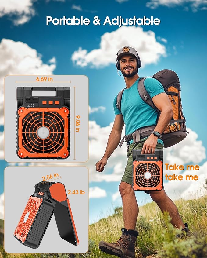 Solar Camping Fan 10400mAh, Solar Powered Fan with LED Lantern, 7W Rechargeable Battery Operated Fans for Outside, 4 Speeds, 2-8H Timer and Quiet Battery Powered Solar Tent Fans for Outdoor, Barbecue