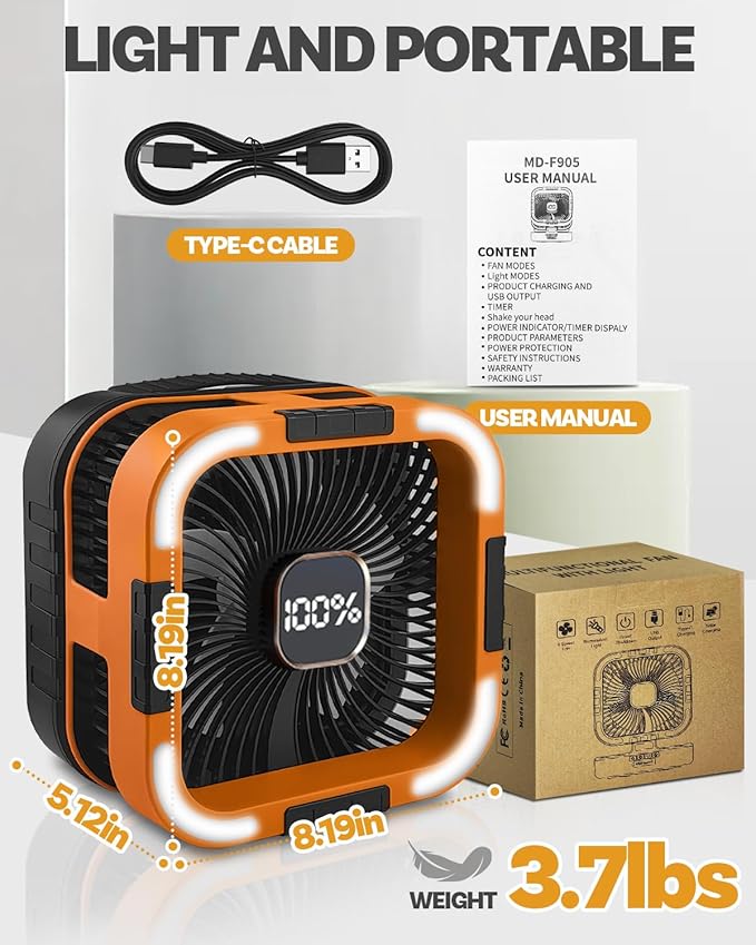 25000mah Camping Solar Fan, 120° Oscillation Rechargeable Solar Powered Fan with LED Light, 6 Adjustable Speeds Battery Powered Portable Fans, USB-C Fans for Travel Tent Camping Accessories