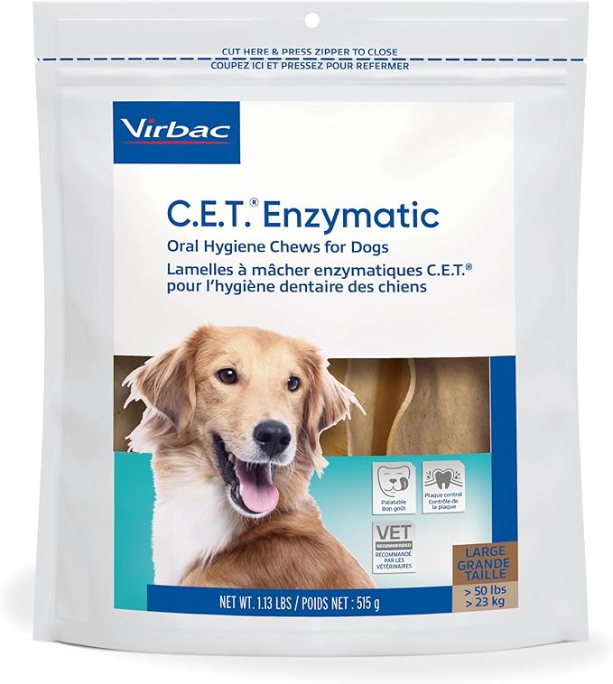 Virbac C.E.T.® Enzymatic Oral Hygiene Chews for Dogs, Large - Plaque & Tartar Control - Single Layer Beefhide with Exclusive Dual-Enzyme System & Tasty Chicken Flavor - Easy to Give Dog Dental Chew