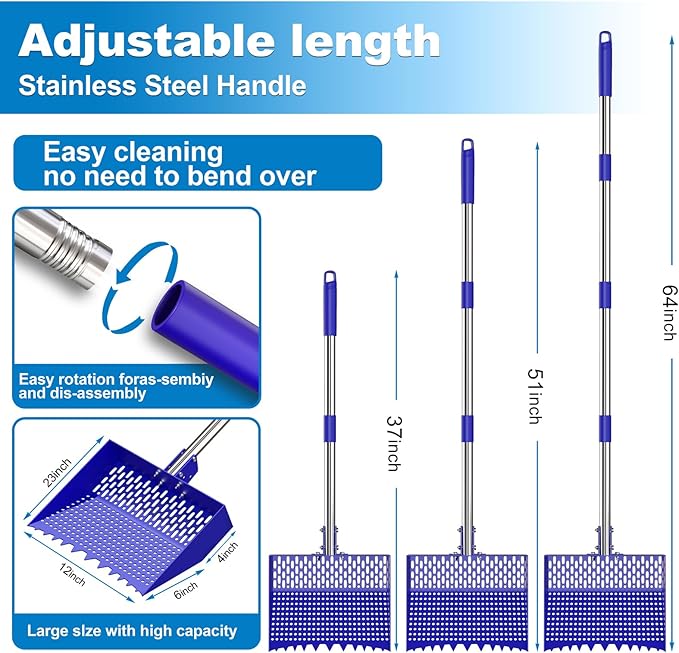 2-in-1 Chicken Poop Scooper & Rake 12-Inch Large Metal Shovel Head Adjustable Stainless Steel Handle (24 to 64") Litter Sifting Shovel Cleaning Tools for Chicken Run, Animal Farm (Blue)
