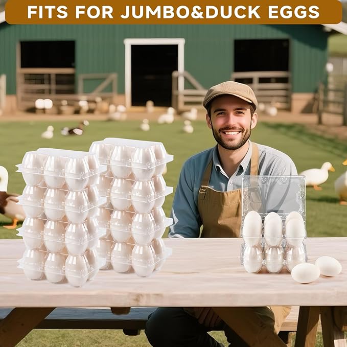 120 Pack Duck Egg Cartons Jumbo Egg Cartons Cheap Bulk with Sticker Labels Clear Empty Plastic Egg Containers Extra Large for Home Ranch Farm Commercial Market Display, 2×3 Grids