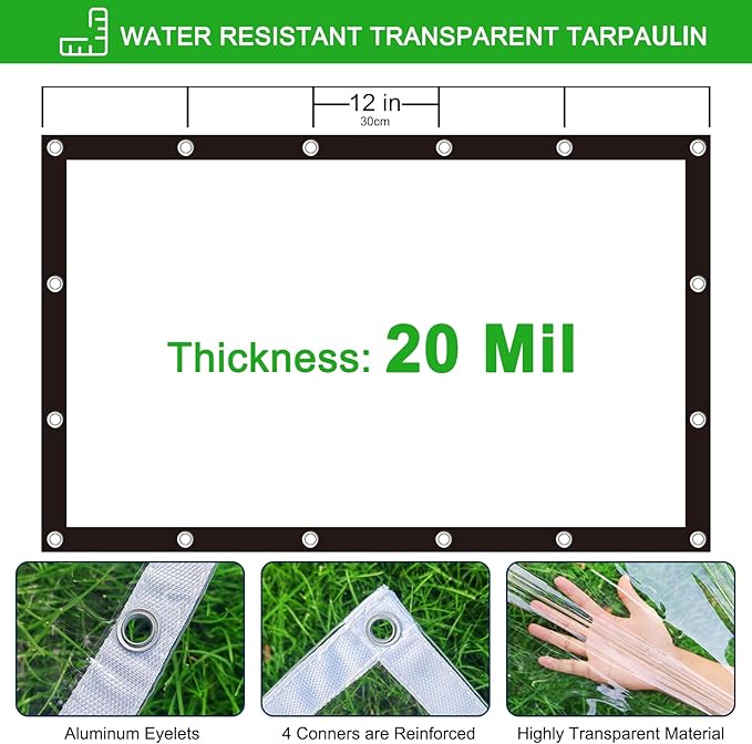 Clear Tarp 8x20ft Clear Tarps Heavy Duty Water Resistant,20Mil Thickened Transparent Tear Resistant PVC Vinyl Tarpaulin Enclosurewith Grommets and Reinforced Edges for Patio,Porch and Multipurpose