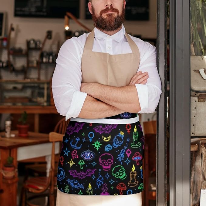 Unisex Chef Waiter Apron Waist Half Short Serving Aprons with 3 Pockets