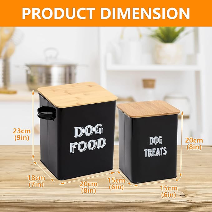Dog Food Storage Container Farmhouse Pet Food Treats Bin with Lid and Scoop, Perfect Sturdy Canister Tins for Kitchen Countertop, Shelf, Great Gift for Pet Owners - Dog Food - Black