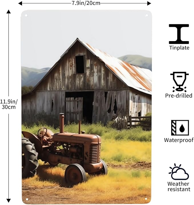 Old Wooden Barn with Rusted Tractor Metal Sign Vintage Tin Signs Retro Wall Art Decor Metal Poster Plaque Garage Bar Patio Wall Decorations Gifts for Men Women 12 X 8 Inches Outdoor & Indoor