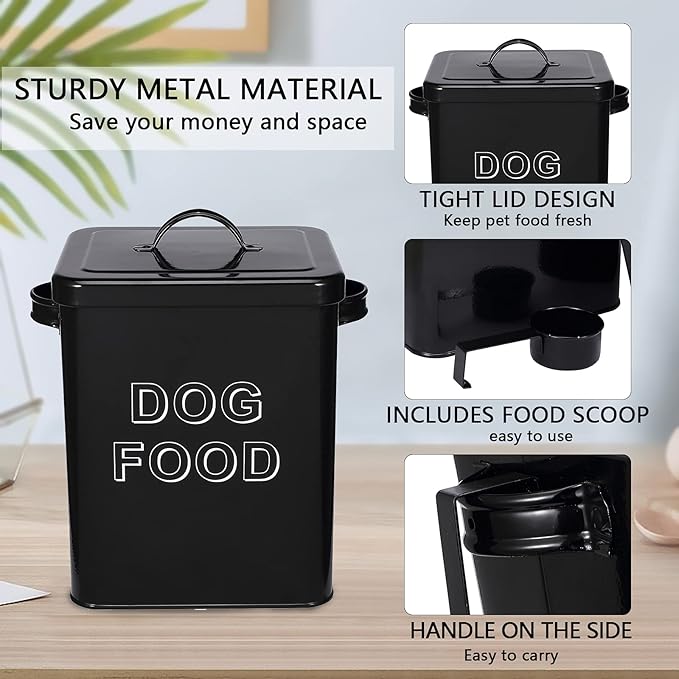 Dog Food Storage Container Farmhouse Pet Food Storage Containers with Lid and Scoop, Perfect Vintage Canister Treats Tin for Kitchen Countertop, Shelf, Great Gift for Pet Owners - Dog Food - Black
