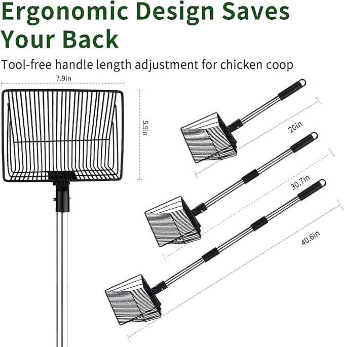 Owfeel Chicken Poop Scooper, 3-in-1 Detachable Chicken Coop Cleaning Tools (20 to 40.6 inches), Stainless Steel Sifting Shovel Litter Scooper Accessories