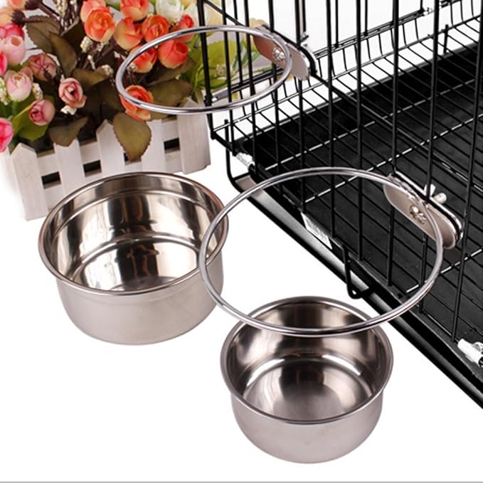 Pet Dog Stainless Steel Coop Cups with Clamp Holder - Detached Dog Cat Cage Kennel Hanging Bowl,Metal Food Water Feeder for Small Animal Ferret Rabbit (Small)