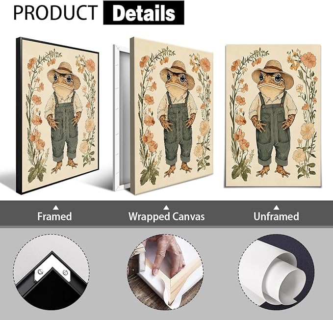 Nursery Animal Canvas Wall Art, Toad In Overalls Poster, Rustic Frog and Wild Flowers Painting, Cozy Folk Art Print, Farmhouse Animal Botanical Floral Painting for Kids Room 8x12in Wrapped Canvas