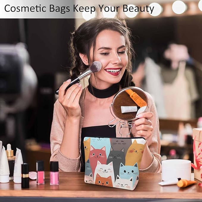 Women Cosmetic Bag Cat Cute, Colorful Cats Funny Kitten Cute Makeup Bag For Purse Cosmetic Travel Bag For Toiletries Makeup Storage Bag Flax Skincare Bag Make Up Pouch Bags