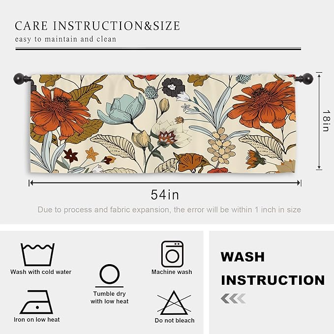 Miyotaa Vintage Flower Kitchen Curtain Valance 54W x 18H Rod Pocket Retro Burnt Orange Blossom Botanical Autumn Fall Window Treatment for Living Room Bedroom Bathroom