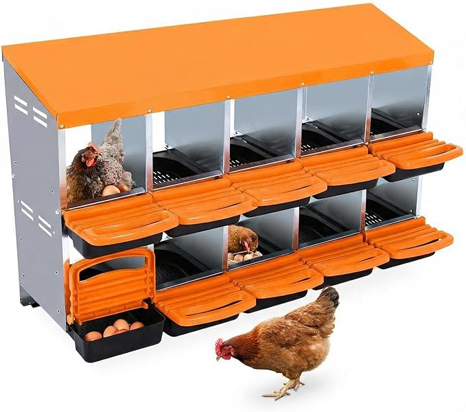 Chicken Nesting Box, 10 Compartments Metal Roll Away Nest Box for Chicken Coop, Heavy-Duty Eggs Laying Boxes with Removable Lid for Easy Egg Collection, Easy Cleaning, Orange