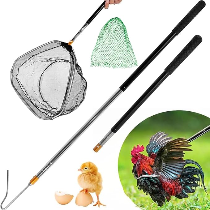 Adjustable Chicken Catching Net with Leg Hook – Stainless Steel Poultry Net, Fishnet,Suitable for Catching Outdoor Animals Such as Chickens, Ducks, Fishnet,Geese,Birds (2 Nets, 2 Pole Included)