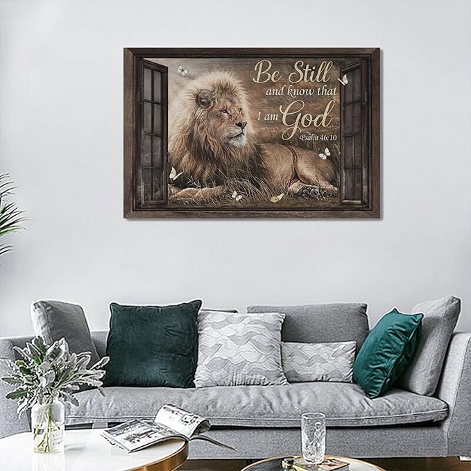 banonaty Lion Wall Art Rustic Farmhoues Christian Decor Of Judah Pictures Canvas Prints Artwork Inspirational Psalm Scripture Gifts Home Decorations For Bathroom Kitchen Office Framed 24''x16''