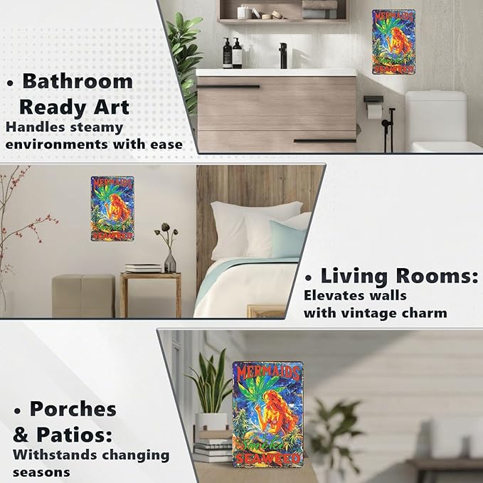 Vintage Mermaid Metal Sign Mermaids Smoke Seaweed Retro Ocean Beach Tin Sign Wall Decor Coastal Home Beach House Patio Porch Bathroom Coastal Novelty Decor Bar 12 * 8 In