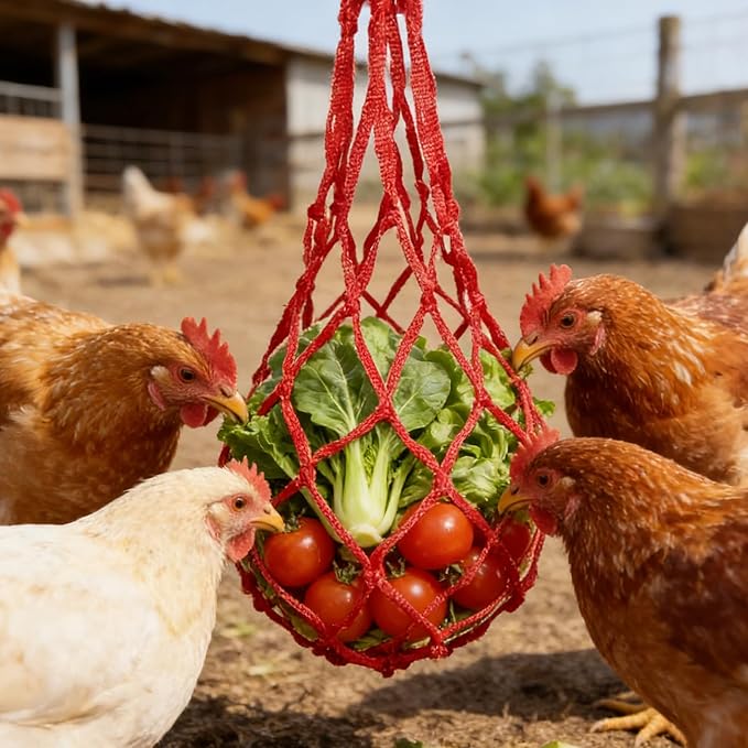 4Pcs Chicken Vegetable Hanging Feeder Chicken Coop Toys Reusable Vegetable String Bag Chickens Coop Accessories for Poultry Hens Ducks Goose