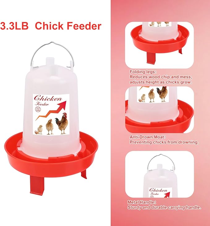Chick Feeder and Waterer Set Top Fill 3.3LB Feeder and 0.4Gal Waterer with 3 Adjustable Heights Legs for Chicks