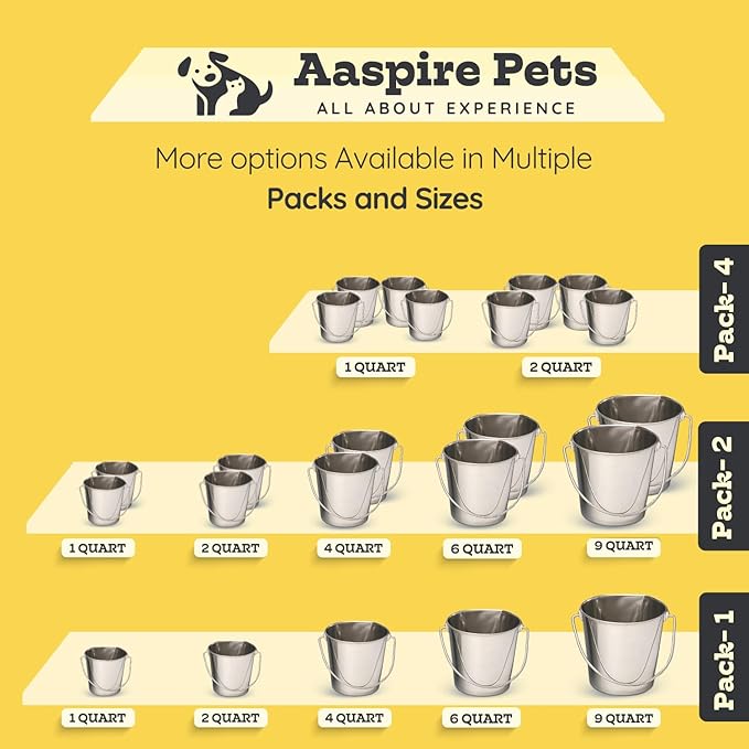 Flat Sided Stainless Steel Bucket, 1 Quart (0.25 Gallon) Hanging Feeding Pail for Small Dogs Cats Birds, Fits Kennels Cages Compatible, Heavy Duty Food & Water Feed, Silver Buckets 4 Pack