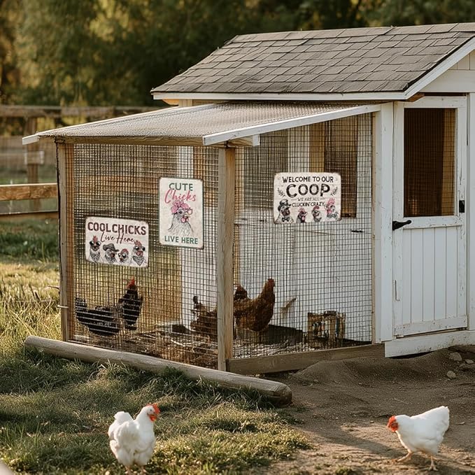 Heuhuww Chicken Coop Decor Cool Chicks Live Here Tin Sign for Farm Home Chicken Coop Vintage Rooster Decor 12" x 8"(H3)