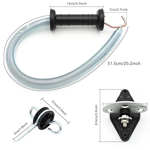 Electric Fence Spring Gate Handles Kit, Dual Ring Electric Fence Insulators for Wooden Post, Electric Fence Handle Set with Anchors,16-Feet Tension Spring, Black (4)
