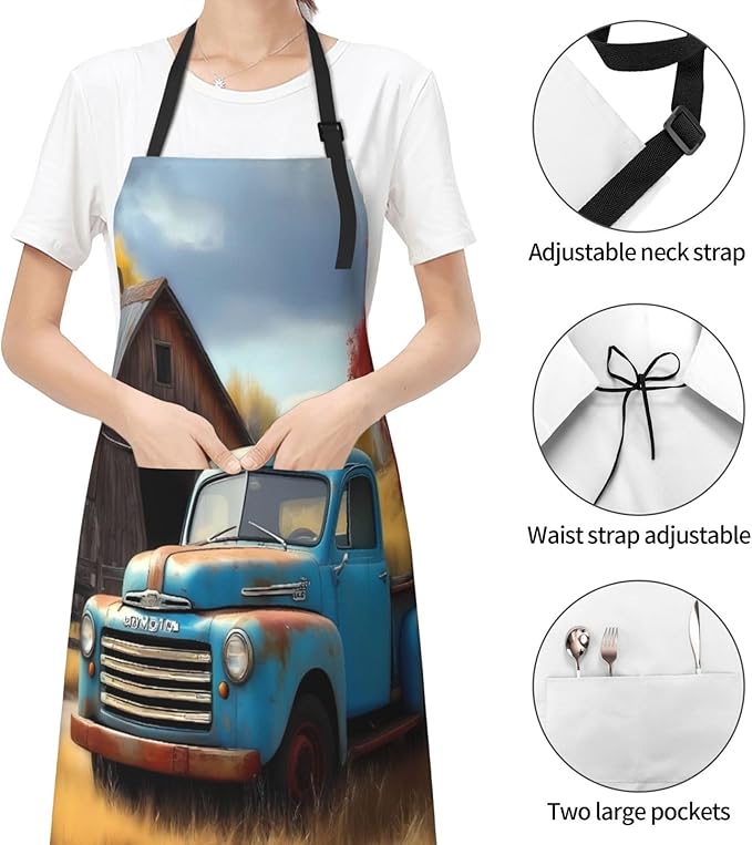 Vintage Truck Farm Scene For Waterproof Adjustable Adult Apron With Pockets For Men And Women Cooking, Painting