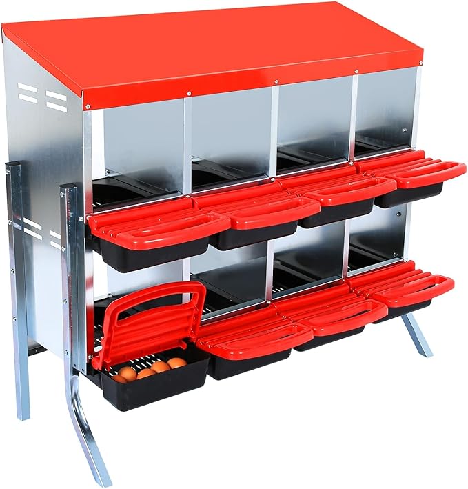 8 Compartment Metal Chicken Nesting Box, Automatic Roll-Out Egg Collection, Waterproof Galvanized Steel Laying Box with Perch & Wall Mount, for Hens Ducks Rabbits, Red