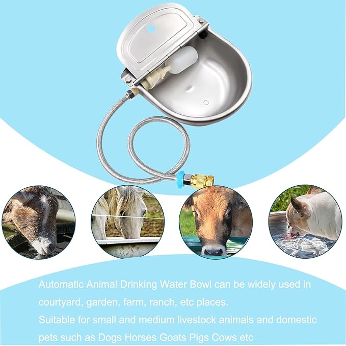Automatic Animal Drinking Water Trough Bowl, 304 Stainless Steel Outdoor Waterer for Dog Horse with Float Valve includes Bowl, Pipe Hose, 2 Float Valves, Quick Connector Adapter and Countersunk Bolts