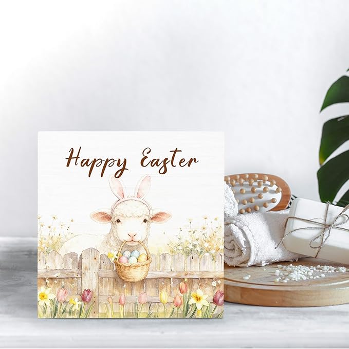 Happy Easter Lamb Wooden Box Sign Desk Decor, Spring Wildflower Easter Egg Farmhouse Sheep Wood Signs for Bedroom Home Office Desk Table Shelf Decorations, 5x5 Inch