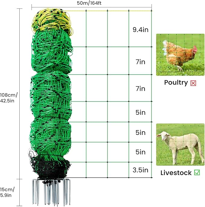 Electric Fence Netting, 164'L x 42.5" H Movable Livestock Nets for Sheep, Hogs, Cattle, PE Net Fencing Kit with 14 Posts Double Spiked, Electric Fencing for Backyards, Homesteaders, Farms Ranches