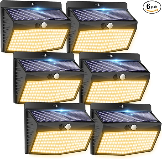 [138 LED/6 Packs] Solar Outdoor Motion Sensor Lights with 3 Lighting Modes Wall Lights Waterproof Solar Security Powered Lights for Garden Fence Yard Deck Garage, Warm White
