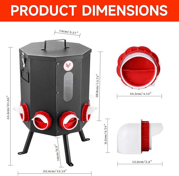 Automatic Chicken Feeder 8 Feeding Ports, 50lbs No-Waste Gravity Poultry Feeder 8 Feeding Ports with Rainproof Lid, Rodent-Proof Large Capacity Metal Chicken Feeder for Hens, Ducks, Birds