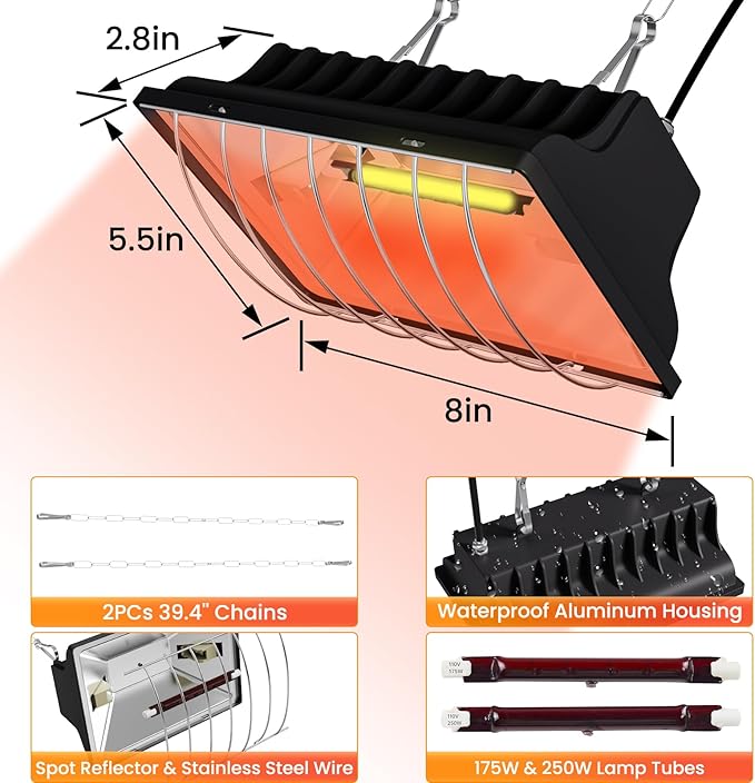 Heat Lamp for Chickens, Coop Heater for Chicks with 2pcs Heating Bulbs (250W&175W), Adjustable Temp.& Hanging Heights, Brooder Heater for Indoor Outdoor Use in Livestock Supplies (2, Black)
