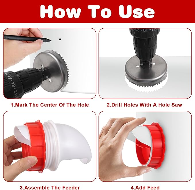 10Pcs DIY Chicken Feeders No Waste, Poultry Feeder with 10 Covers 1 Hole Saw, Waterproof Automatic Gravity Chicken Feeder Kits, Waterer Food Dispenser Set for Buckets Troughs