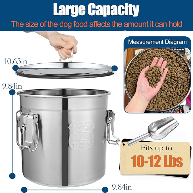 Stainless Steel Dog Food Storage Containers with Scoop, Fits up to 12Lbs, Large Pet Food Storage Container with Airtight Lid and Locking Clamp Metal Pet Food Bin for Dogs and Cats, Keep Fresh