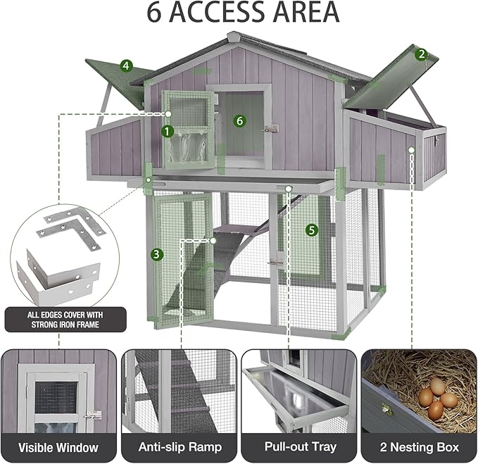 Large Chicken Coop for 6-8 Chickens, Double Folding Wooden Chicken House with 2 Nesting Boxes, Reinforced Iron Frame, Pull-Out Tray & Waterproof Roof, Outdoor Poultry Cage