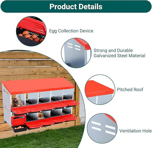 10 - Compartment Roll Away Chicken Nesting Box, Wall - Mount Laying Egg Box with Easy Egg Collection & Cleanable Pull - Out Trays, Hen Roosting Boxes for Efficient Egg Laying（Red）